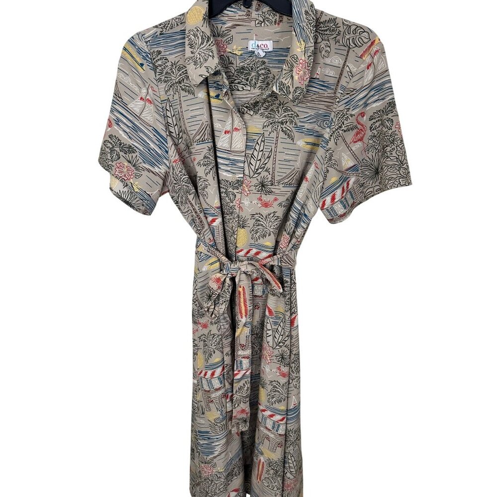 Denim & Co Size 2X Sailboats Beach Print Short Sleeve Button-Down Midi Dress